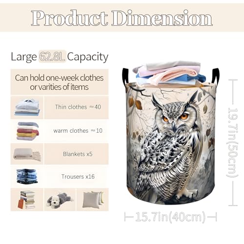 Majestic Owl Laundry Basket 19.7"x15.7", Collapsible Dirty Clothes Waterproof Forest Animal Laundry Hamper Organizer Toy Storage Bin for Dorm Nursery Bathroom Decor - style: Owl02