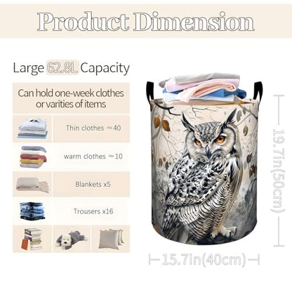 Majestic Owl Laundry Basket 19.7"x15.7", Collapsible Dirty Clothes Waterproof Forest Animal Laundry Hamper Organizer Toy Storage Bin for Dorm Nursery Bathroom Decor - style: Owl02