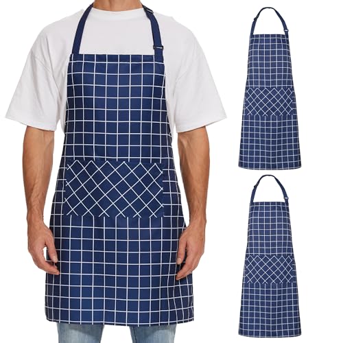 Will Well 2 Pack Bib Apron For Men & Women with 2 Pockets - Navy Checkered - color: 07 - Navy Checkered, size: 2 Pack