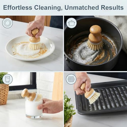ONEMORE Bamboo Dish Brush with Ceramic Foaming Base, Kitchen Sink Scrub Brush Set with Spring and Mesh Insert, Wooden Handle Dishwashing Brush for Pots Pans Plates Bowls, White - color: White