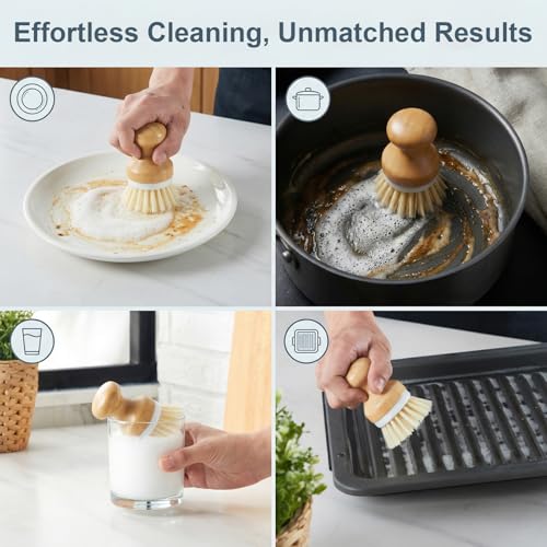 ONEMORE Bamboo Dish Brush with Ceramic Foaming Base, Kitchen Sink Scrub Brush Set with Spring and Mesh Insert, Wooden Handle Dishwashing Brush for Pots Pans Plates Bowls, Marble - color: Marble
