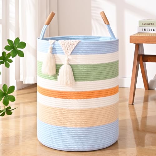 Large Laundry Basket, Laundry Hamper with Leather Handles, 60L Woven Dirty Clothes Hamper, Rope Hampers for Bedroom, Barthroom, Rainbow - color: Rainbow, size: 60L
