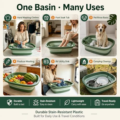 12 Gallon Collapsible Wash Basin with Detachable Washboard, Extra Large Foldable Utility Bucket with Dual Drain Plugs, Portable Household Cleaning Tub for Laundry, Mopping, RV, Camping & Travel
