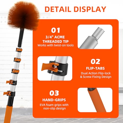 30 FT Reach Cobweb Duster with 5-24 FT Telescoping Pole, Dual Action Flip-Lock & Screw Fixing Design, Washable Reusable Duster for High Ceilings, Fans & Home Cleaning - size: 5-24FT