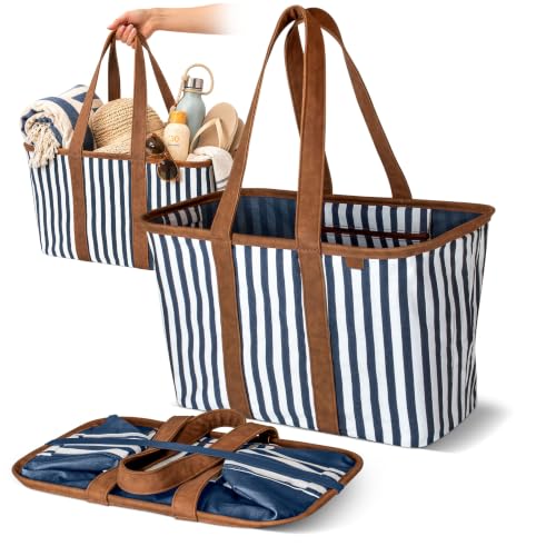 CleverMade Collapsible Tote LUXE, 30L Structured Tote Bag with Handles - color: Navy Stripe