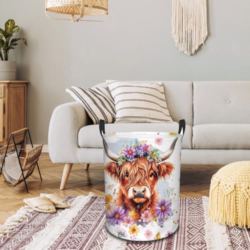 Highland Cow Laundry Basket, 43L 13.8x17.7in Round Oxford Laundry Hamper - color: Flower Highland Cattle