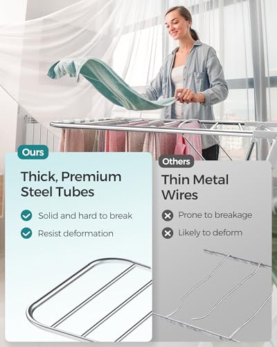 SONGMICS Clothes Drying Rack, Foldable 2-Level Stee Laundry Drying Rack - color: Silver + White, size: 2 Tiers（22"d x 61.8"w x 64.3''h )
