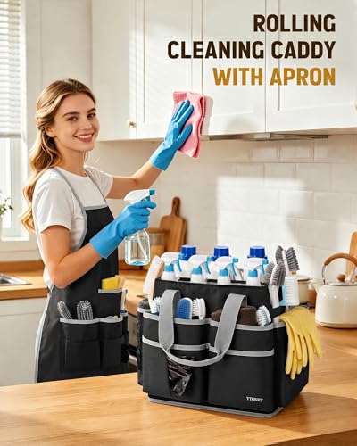 Ytonet Rolling Cleaning Caddy Bag with Apron, Cleaning Caddy with 4 Wheels - color: Black