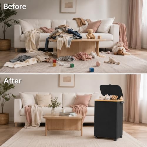 Slim Laundry Hamper with Wheels 75L with Removable Wash Bag Black - color: Black