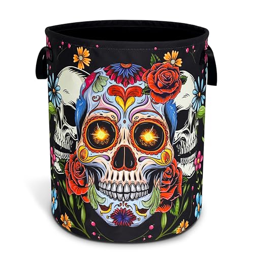 Sugar Skull Skeleton Laundry Basket Foldable Oxford Cloth 18.9 x 16.5 Inch - color: Sugar Skull