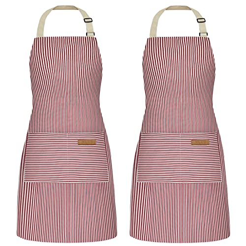 NLUS 2 Pack Cooking Aprons for Women with Pockets, Adjustable Kitchen Bib Aprons Chef Aprons for Women Men(Red Pinstripes) - color: Red