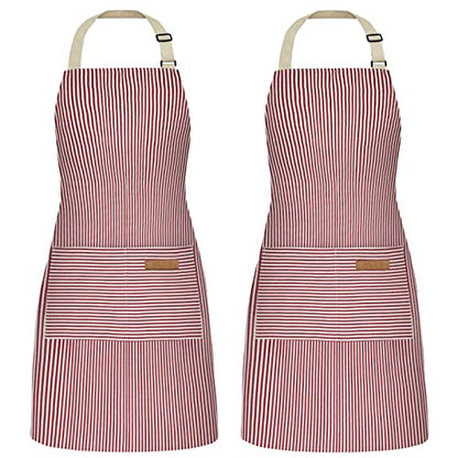 NLUS 2 Pack Cooking Aprons for Women with Pockets, Adjustable Kitchen Bib Aprons Chef Aprons for Women Men(Red Pinstripes) - color: Red