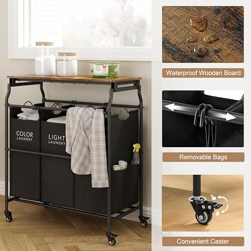 Hoctieon 3 Section Laundry Sorter with Iorning Board, Laundry Hamper, Black - color: Black
