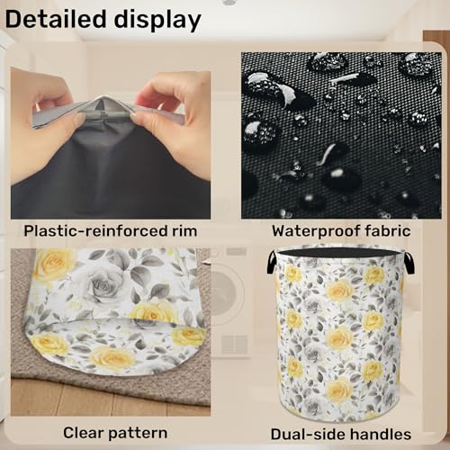 Yellow Gray Flowers Large Clothes Hamper Bag - Laundry Basket with Handles, Space Saving Foldable Design for Nursery - color: Yellow Gray Flowers