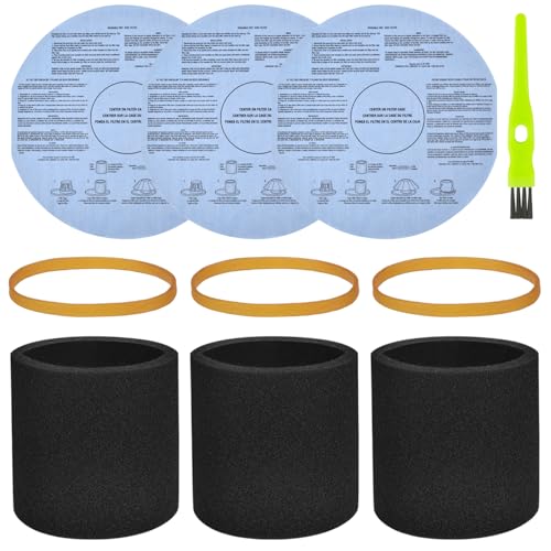 3 Pack 90585 Foam Sleeve Filter and 3 Pack 90107/90137 Wet Dry Vac Filter for Most Shop Vac 5 Gallon and Above Vacuum Cleaner,Vf2002 Dry Discs Filters with 3 Retaining Bands,Replace# 9058500, 9010700