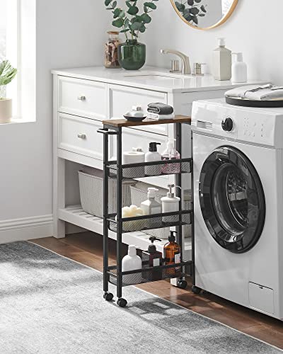 VASAGLE 4-Tier Slim Rolling Storage cart with Wheels, 5.1 Inches, Metal - color: Rustic Brown + Classic Black, size: 4 Tiers (5.1"D x 30.3"H)