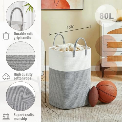 Artfeel Laundry Basket,Woven Cotton Rope Laundry Hamper,60L Versatile Storage for Dirty Clothes,Baby Toys,and Blankets in Bathroom, Nursery,and Living Room - color: Grey, size: 80L