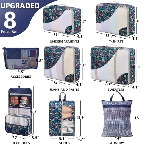 OlarHike Packing Cubes for Travel,Gifts for Women Mom,Anti-Tearing Suitcase Organizer for Luggage with Shoe & Hanging Toiletry Bag,Vacation Essentials,8 Set,Dark Blue Floral - color: 10 Dark Blue Floral