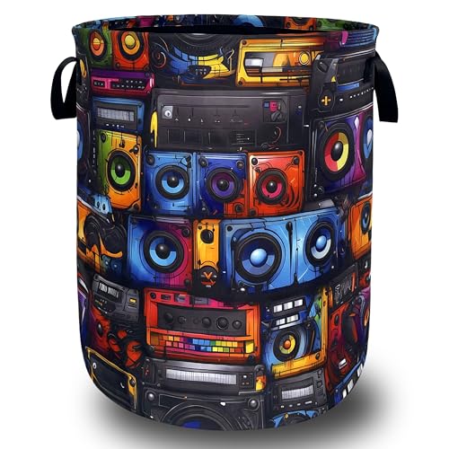 Retro Radio Tape Laundry Basket Oxford Cloth Foldable Hamper 18.9x16.5 Inch - color: Retro Radio Tape Pattern