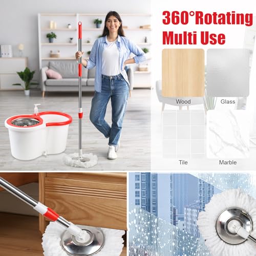 Spin Mop and Bucket with Wringer Set, 6 Microfiber Mop Heads, 61" Handle - color: White