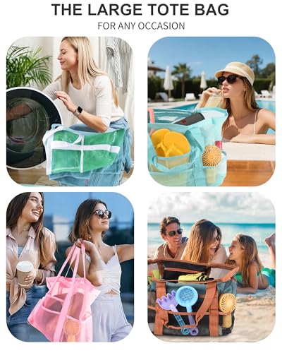 Genteen 40L Mesh Beach Bag, Foldable Sandproof Tote with Waterproof Pocket Quick Dry for Women Family Pool Vacation - color: Green White