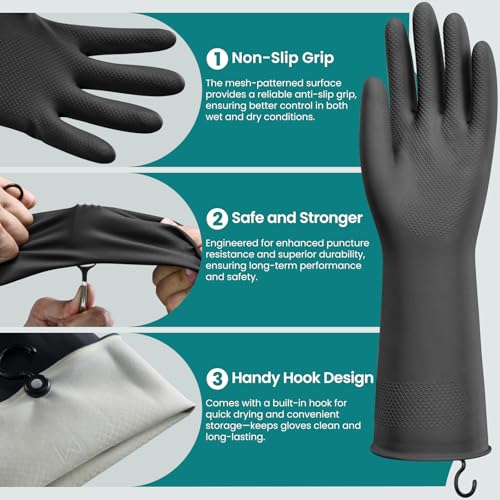 4 Pairs Rubber Dishwashing Gloves with Hanging Hooks - Reusable Cleaning Gloves for Kitchen & Household, Non-Slip, Durable and Flexible (Medium, 4 Colors: Black, Pink, Blue, Purple) - size: Medium