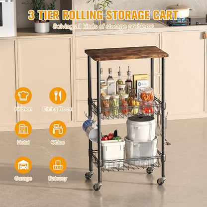 Homeiju Rolling Kitchen Storage Cart, 3-Tier Storage Rack on Caster Wheels with Adjustable 2 Baskets, Coffee Station Cart Rack Shelf Organizer for Living Room Office, Balcony, Rustic Brown/Black