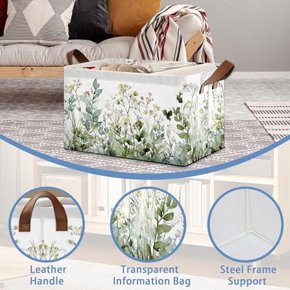 Wildflowers Herb Plants Storage Baskets,Foldable Large Capacity Organizer Bins with Waterproof Lining and Leather Handles for Closet,Shelf,Bedroom 17x11.5x10Inch - color: Wildflowers Herb Plants