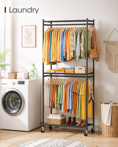 Sakugi Clothes Rack - 33.0" x 12.2" x 79.5" Clothing Rack with Shelves & Wheels, Multi-Functional Wardrobe Closet with Hooks, Sturdy Metal Garment Rack for Bedroom, Laundry, Balcony (Black) - color: Black, size: Large