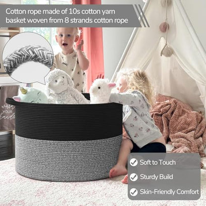 INDRESSME 115L Extra Large Woven Rope Blanket Basket Living Room Black Grey - color: Black & Grey, size: 23.6"D x 15.7"H