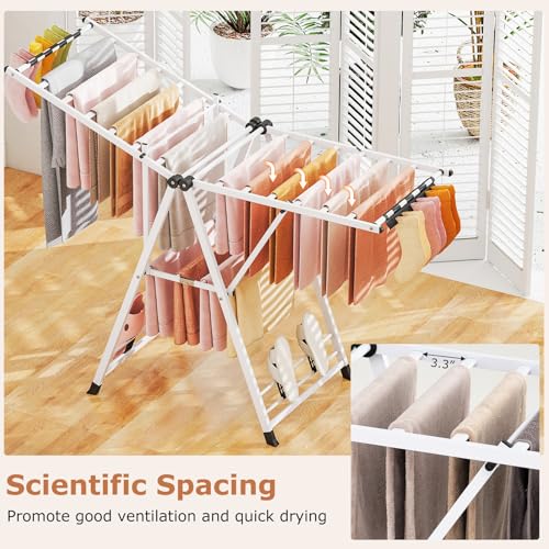 GIANTEX Foldable Metal Clothes Drying Rack, 64" Height Adjustable Wings - color: White, size: 64"L x 39"-62"H