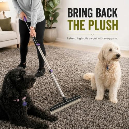 Room Groom PET Carpet Rake Groomer with Telescoping 54 " Adjustable Handle, with Lint Remover Brush Tool, Carpet Brush for Pet Hair and Refreshing Carpets, (Black/Purple) - style: Purple Handle Bundle