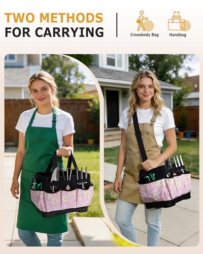 Marscamd Garden Tool Bag with Hard Bottom, Garden Tote with Shoulder Strap - color: Pink Sunflower