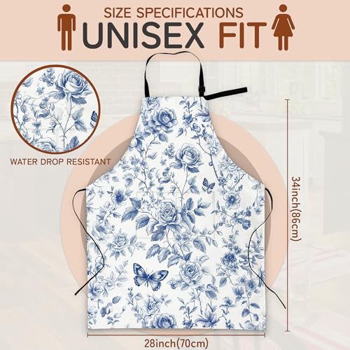 Cooking Aprons for Men and Women,Adjustable Bib Chef Apron with 2 Pockets, Soft and Durability Kitchen Apron - color: Butterfly Vintage Rose Floral Blue