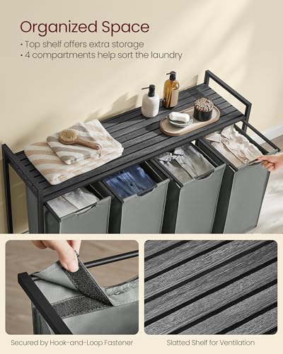 VASAGLE Laundry Hamper with Shelf, 4 Pull-Out Bags, 4 x 10.6 Gallons (40L) - color: Slate Gray + Charcoal Gray, size: 4 Bags - 160 L