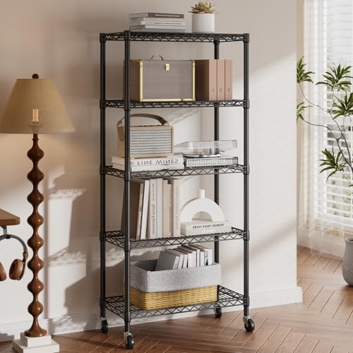 SINGAYE 5 Shelves Storage Wire Shelf Closet Metal Shelving Pantry Wheels - color: Black, size: 5Tier/14"D X 30"W X 70"H