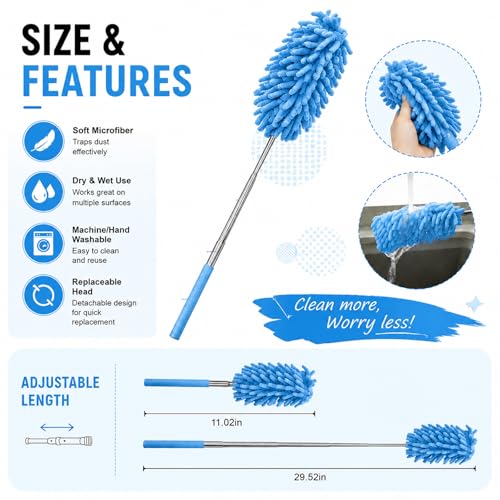 Microfiber Feather Duster with 30 in Telescoping Pole, Washable Chenille Head for Ceiling Fans, Blinds and Furniture, Blue - color: Blue