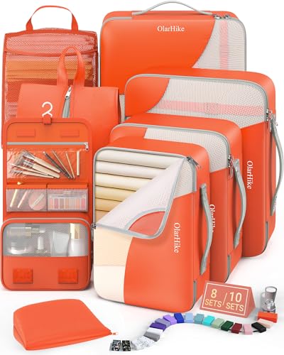 OlarHike Packing Cubes for Travel,Gifts for Women Mom,Anti-Tearing Suitcase Organizer for Luggage with Shoe & Hanging Toiletry Bag,Vacation Essentials & Accessories for Cruise Ship,8 Set,Orange - color: 17 Orange