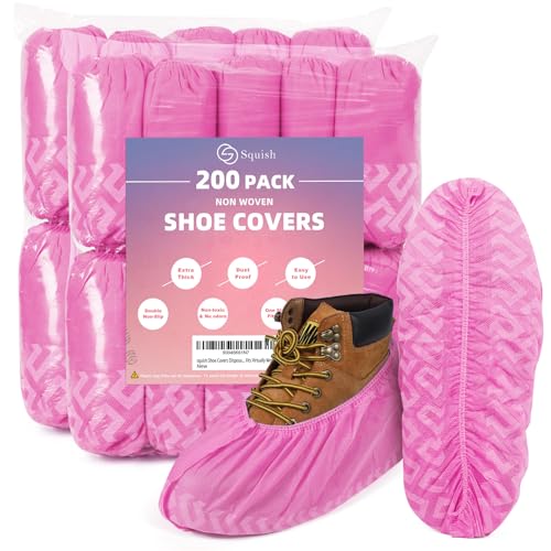 squish 200 Pack Shoe Covers Disposable Non-Slip, Pink Non-Woven Fabric Boot Covers for Indoors Breathable Slip Resistant Durable Boot&Shoes Cover, Protector Covers Fits Virtually Most Shoes - color: Pink