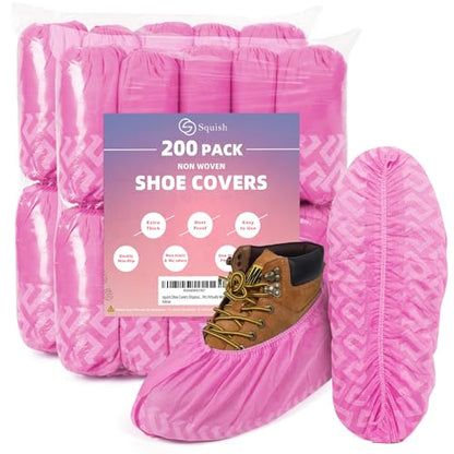squish 200 Pack Shoe Covers Disposable Non-Slip, Pink Non-Woven Fabric Boot Covers for Indoors Breathable Slip Resistant Durable Boot&Shoes Cover, Protector Covers Fits Virtually Most Shoes - color: Pink