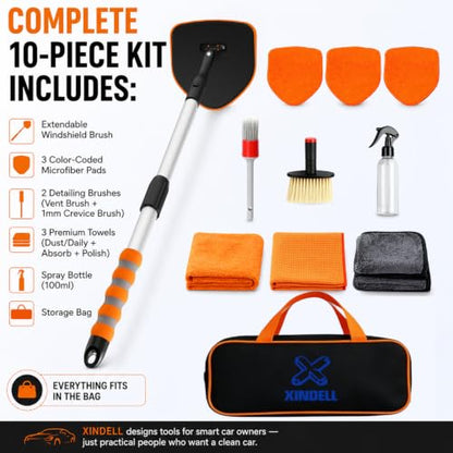 XINDELL Interior Windshield Cleaner Tool, Extendable Car Window Cleaning Kit with 360° Rotating Head