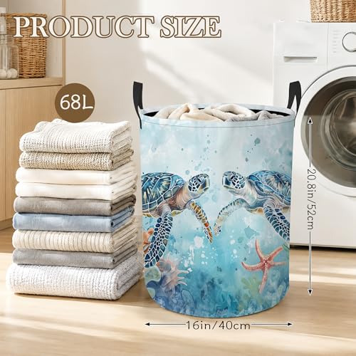 Sea Turtle Laundry Basket, Ocean Watercolor Collapsible Laundry Hamper Waterproof Oxford Cloth With Handles, Clothes Storage Bucket For Bathroom/Bedroom 16" x 20.8" - color: Sea Turtle