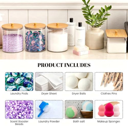 HomePekite Glass Laundry Pods Storage Container & Acrylic Dryer Sheet Holder, Laundry Room Organization and Storage, Detergent Powder Container, with Wooden Lids & Labels, 2+1 Pack - color: Bamboo