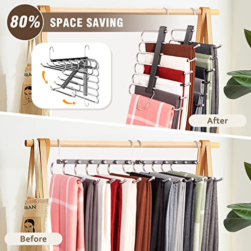 HUITEM 4 Pack 6-Tier Space Saving Pant Hangers, Anti-Slip, Lightweight, Stainless Steel, Black, 6 Pairs Jeans Hangers - color: Black, size: 4 Pack