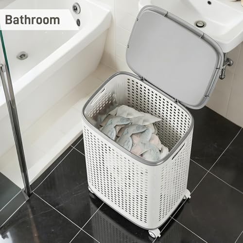 Rolling Plastic Laundry Basket with Lid, Ventilated, White (2-Pack, Medium) - size: Medium (2-Pack)