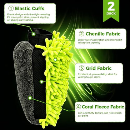 3-Piece Car Wash Kit: 2 Scratch-Free Chenille Microfiber Wash Mitts + 1 Large 400GSM Drying Towel, Lint-Free Auto Cleaning Set for Cars Trucks SUVs RVs