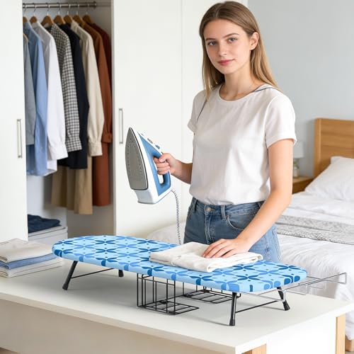 Small Ironing Board Tabletop with Iron Holder, Foldable Mini Iron Board with Iron Rest, Hook for Wall/Door Hanging, Dirt & Heat Resistant Cover, Portable for Home Apartment Travel Laundry Room Sewing - color: Blue