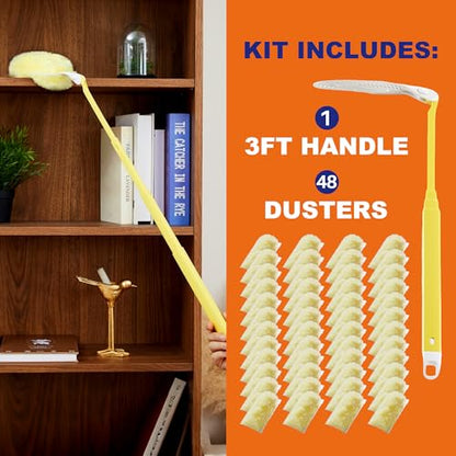 JOYMOOP Scented Telescopic Duster kit, 3FT Extendable Handle (Yellow) + 48 Yellow Refills for Swiffer Feather Duster,Easy Cleaning for Ceilings, Ceiling Fans, Blinds, Vents & Shelves - color: Yellow[extendablehandle]*1+yellow[refills]*48