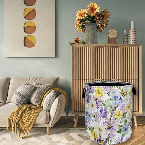 Purple Flower Butterfly Laundry Basket Oxford Cloth Hamper 18.9"x16.5" - color: Purple Flower With Yellow Butterfly