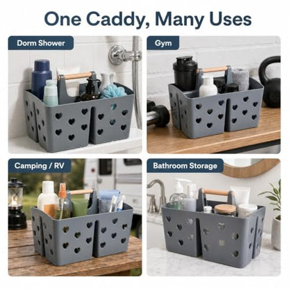 Gray Portable Shower Caddy, Plastic Basket Organizer with Wooden Handle - color: Gray